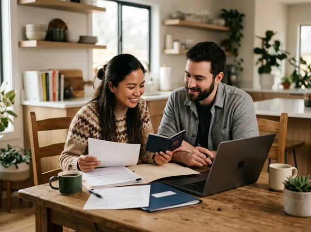 A couple organizing Philippine documents and a passport for a spouse visa application