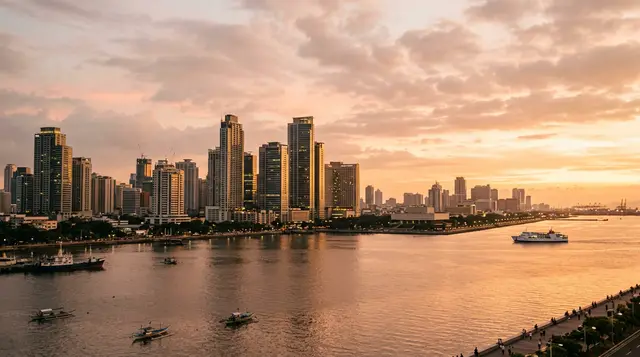 Manila skyline over Manila Bay at sunset