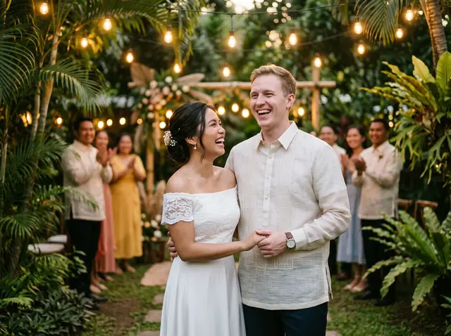A Filipina bride and her foreign groom in a barong at a garden wedding in the Philippines