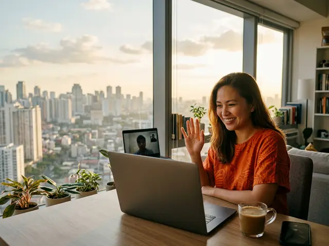 A Filipina woman in Manila on a video call with her partner abroad